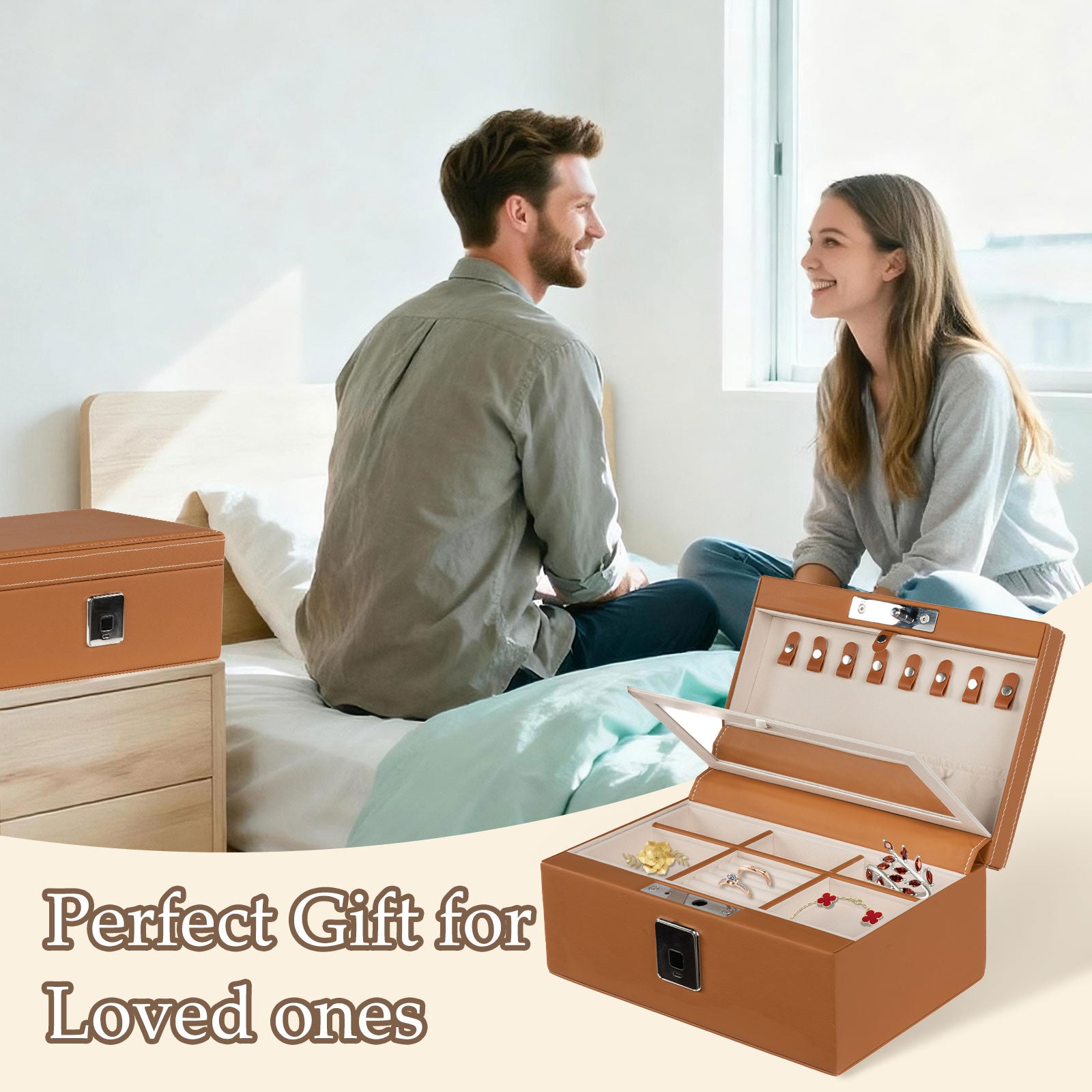 Biometric Fingerprint Safe Leather Wrapped Jewelry Box with Lock & Mirror