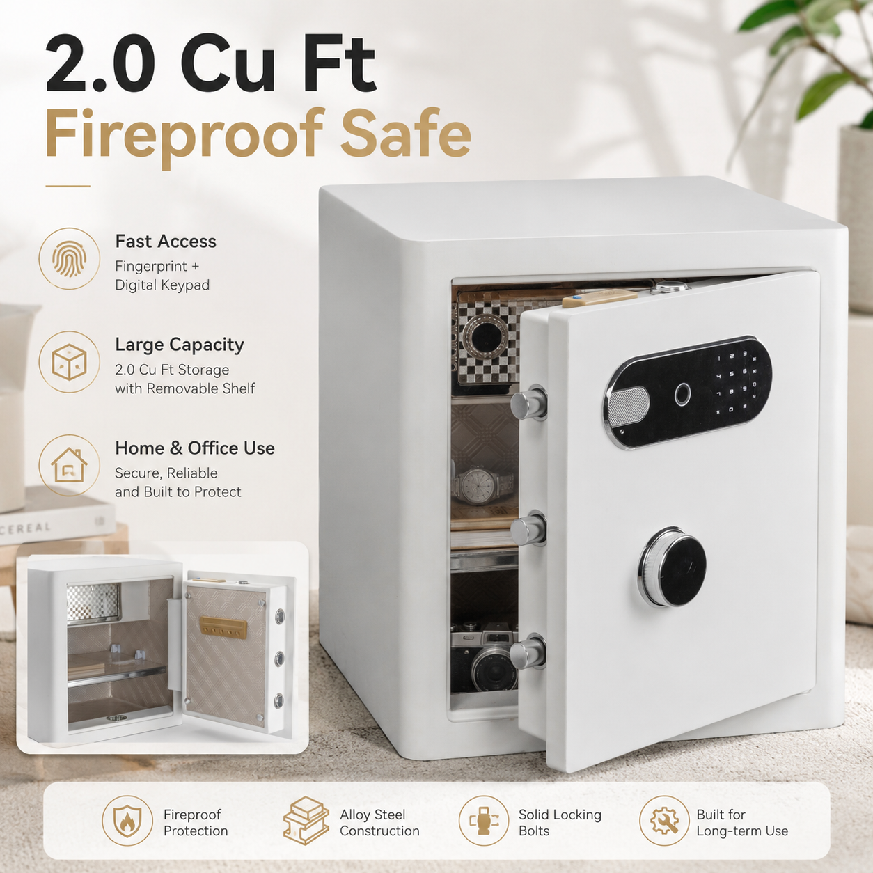 2.0 Cu Ft Vintage Retro Home Safe with Fingerprint Lock and Wheels