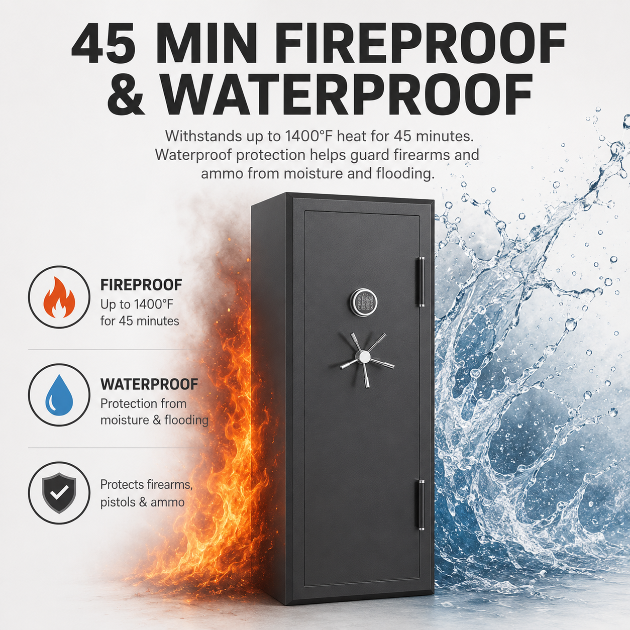 34 Gun Fireproof Gun Safe with Keypad Lock and Charging Ports for Rifles Pistols