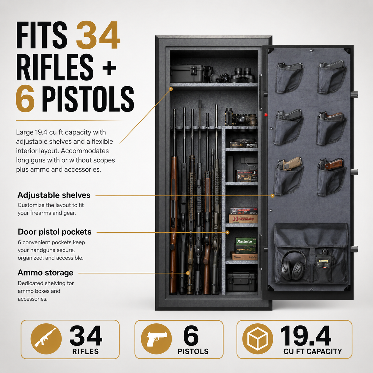 34 Gun Fireproof Gun Safe with Keypad Lock and Charging Ports for Rifles Pistols