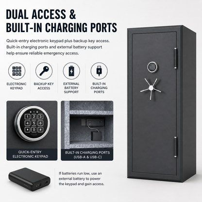 34 Gun Fireproof Gun Safe with Keypad Lock and Charging Ports for Rifles Pistols