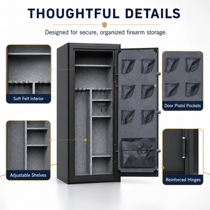 34 Gun Fireproof Gun Safe with Keypad Lock and Charging Ports for Rifles Pistols