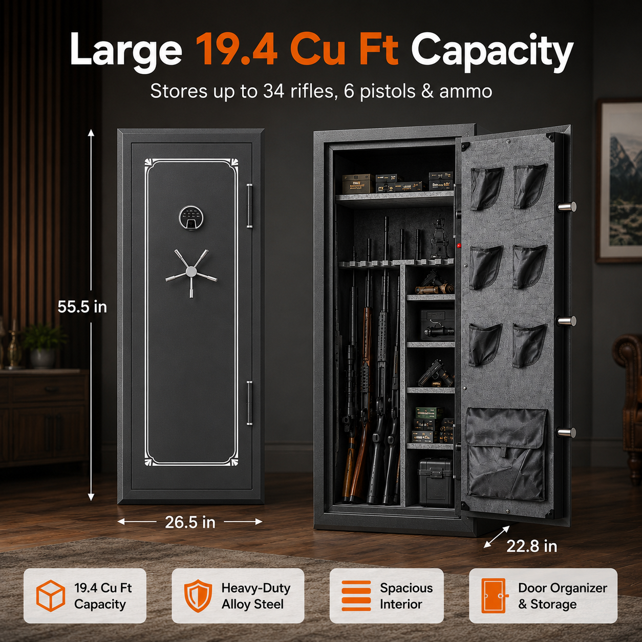34 Gun Fireproof Rifle Safe with Biometric Lock and Charging Ports