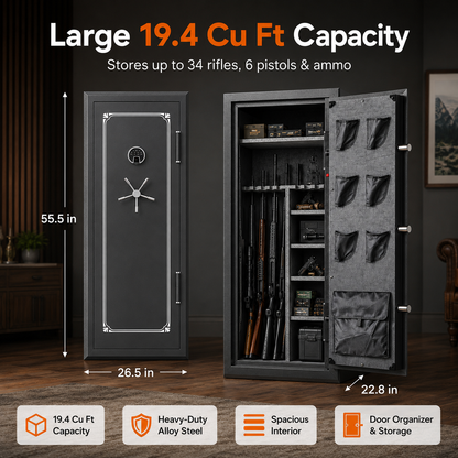 34 Gun Fireproof Rifle Safe with Biometric Lock and Charging Ports