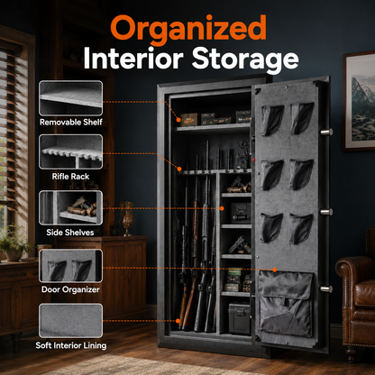 34 Gun Fireproof Rifle Safe with Biometric Lock and Charging Ports