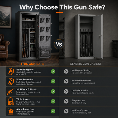 34 Gun Fireproof Rifle Safe with Biometric Lock and Charging Ports
