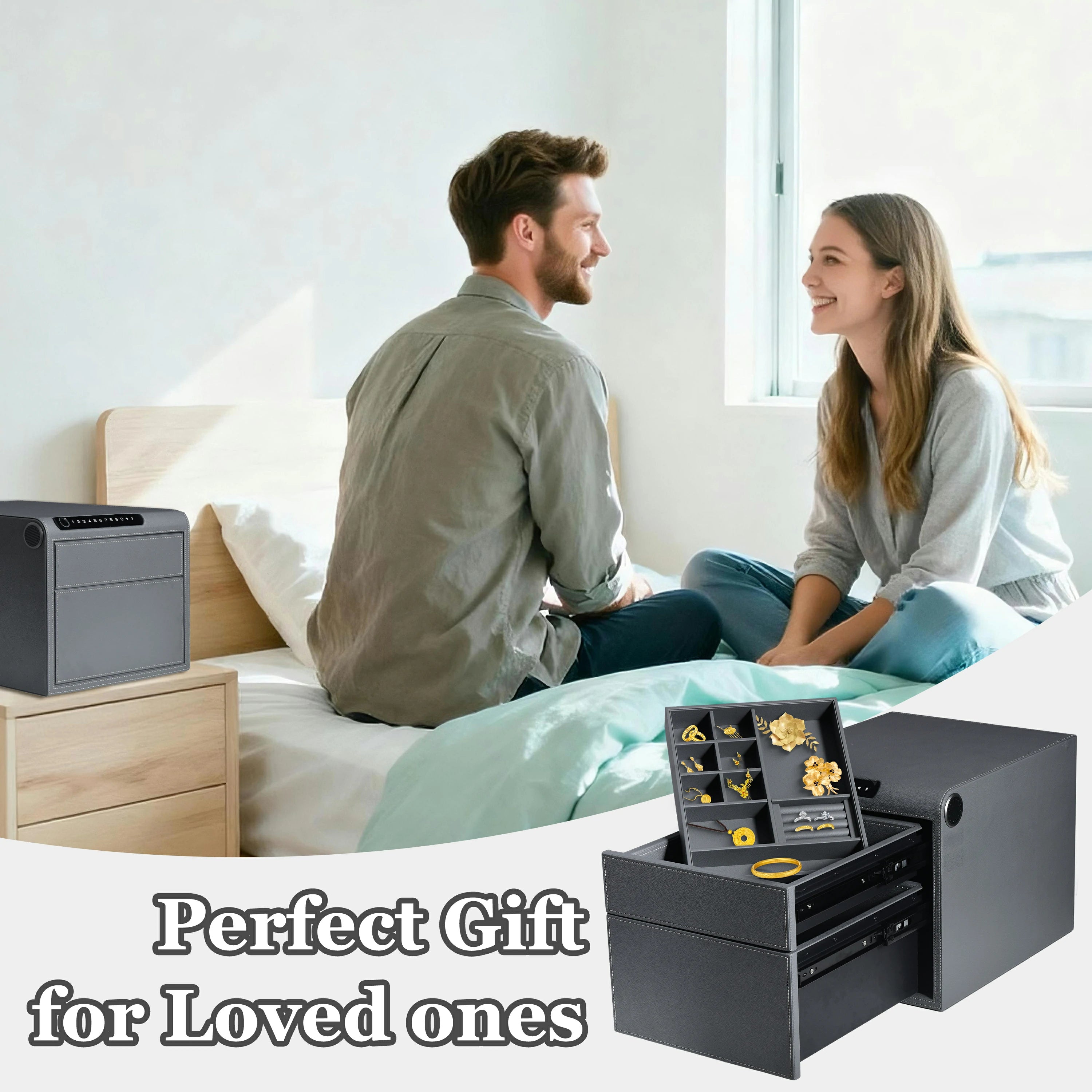 2 Drawers Smart Jewelry Safe Box with Bluetooth, Fingerprint Lock & Auto Open