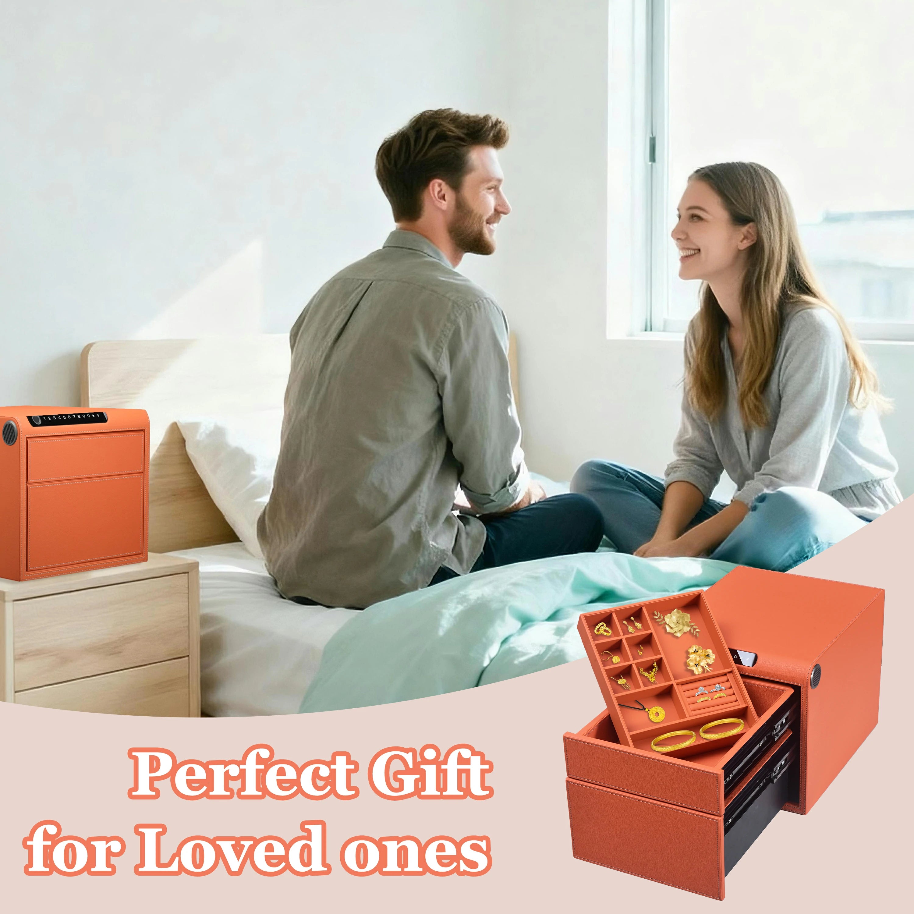 2 Drawers Smart Jewelry Safe Box with Bluetooth, Fingerprint Lock & Auto Open