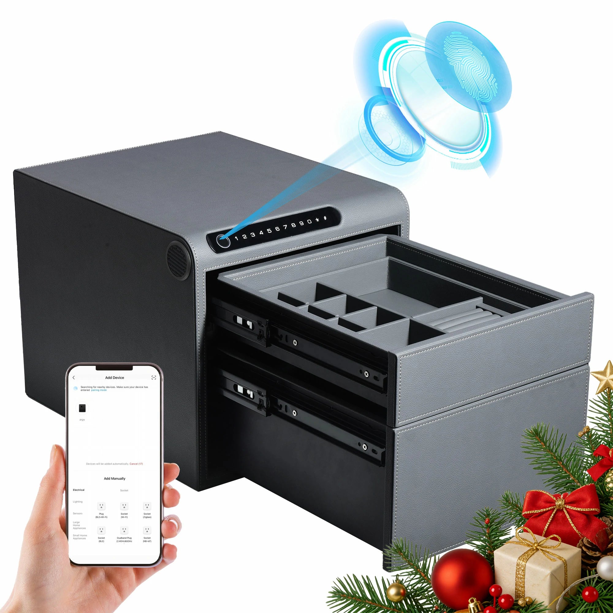 2 Drawers Smart Jewelry Safe Box with Bluetooth, Fingerprint Lock & Auto Open