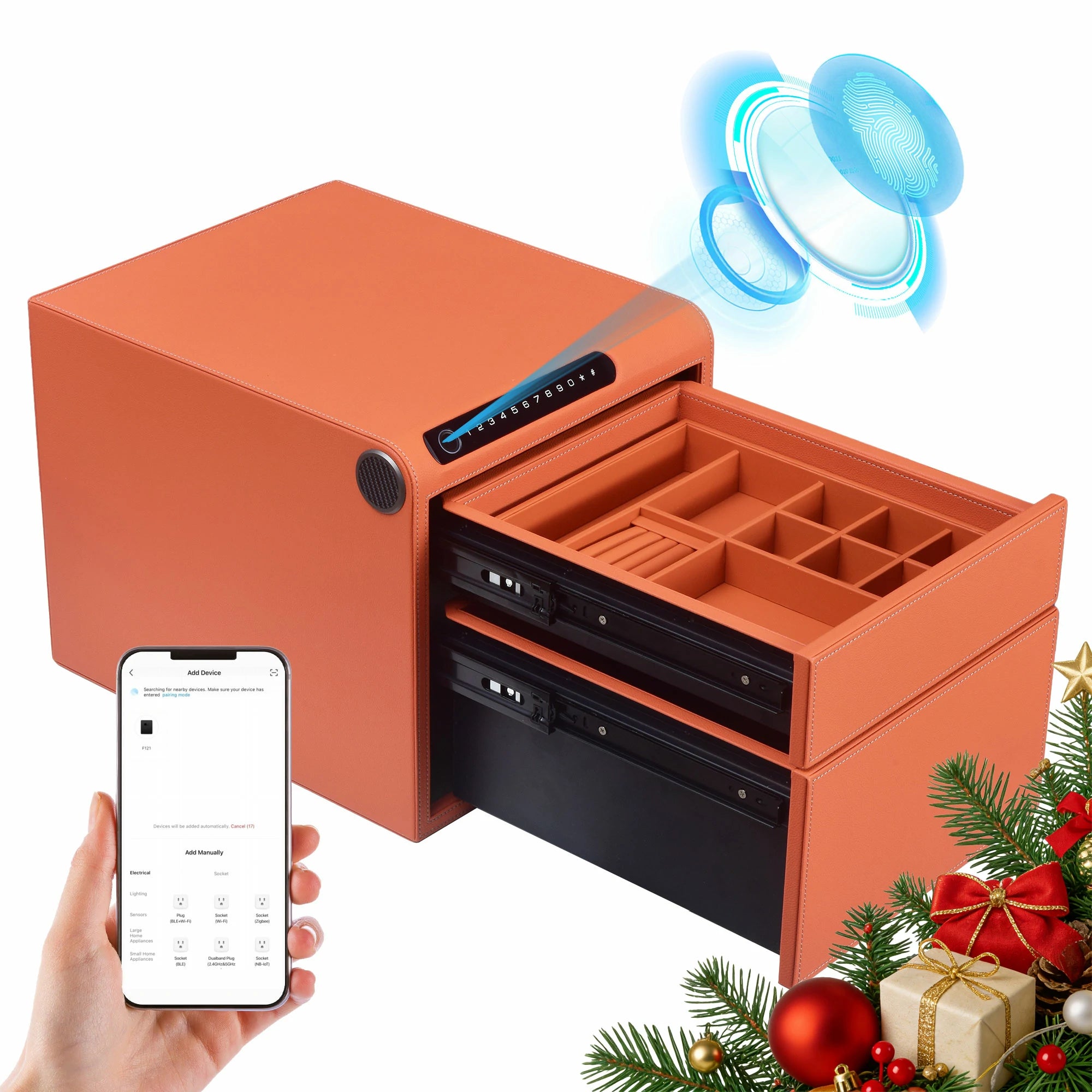 2 Drawers Smart Jewelry Safe Box with Bluetooth, Fingerprint Lock & Auto Open